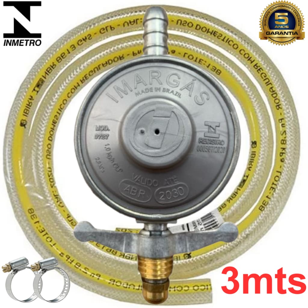 Kit Registro Regulador Gás de Cozinha para Botijão P13 Com Mangueira 3m e 2 Abraçadeiras