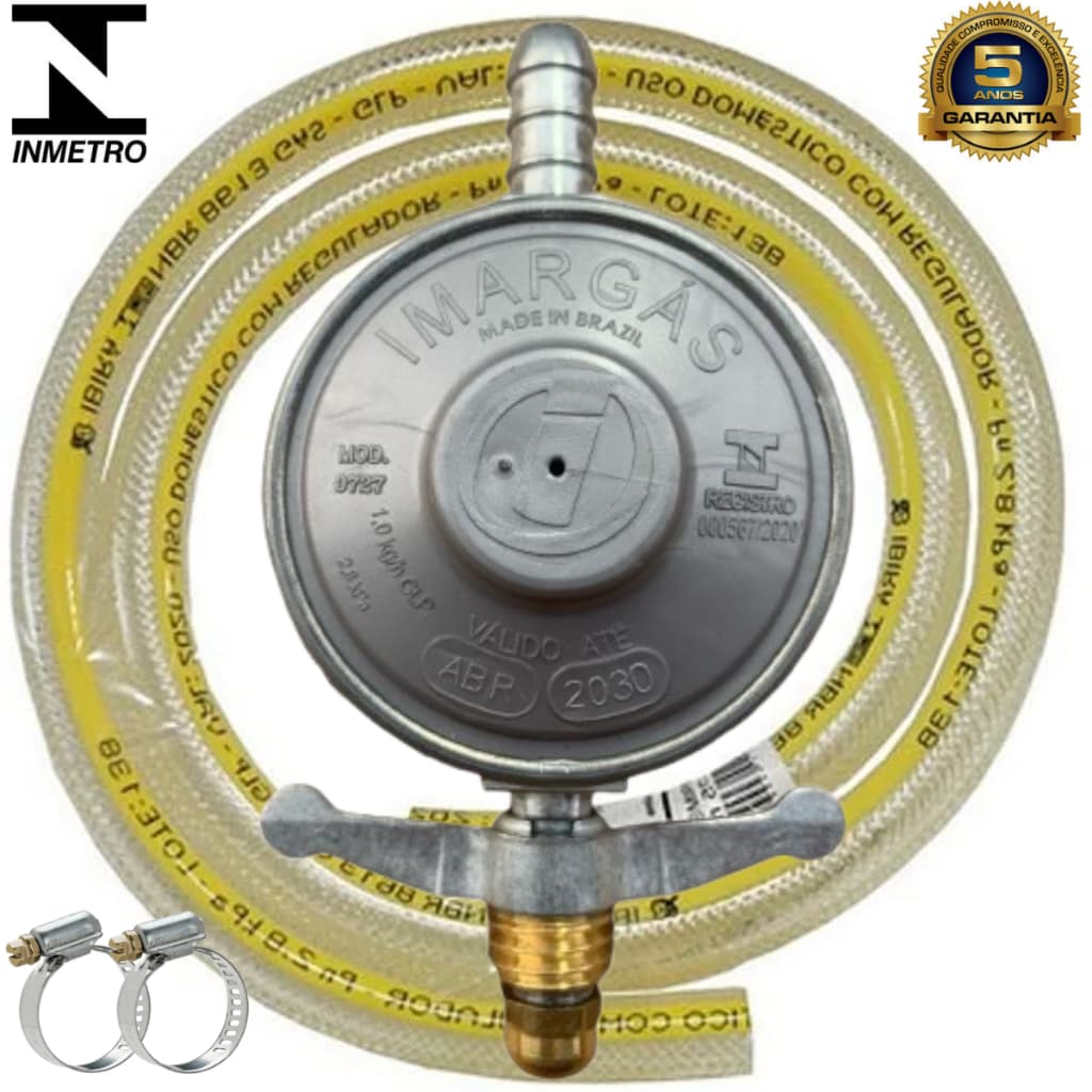 Kit Registro Regulador Gás de Cozinha para Botijão P13 Com Mangueira e 2 Abraçadeiras