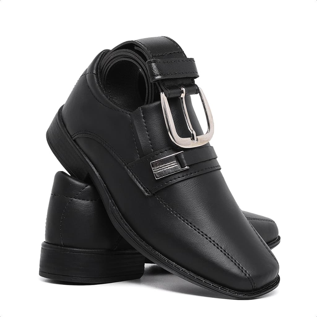 Kit Sapato Social Infantil Masculino Cinto 445 Pajem Bico Quadrado Formatura Casamento