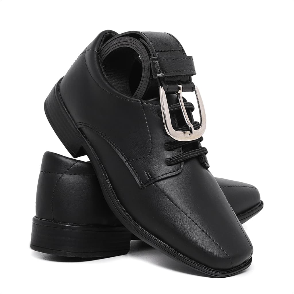Kit Sapato Social Masculino Infantil Cinto 447 Preto Conforto Bico Quadrado Pajem Casamento