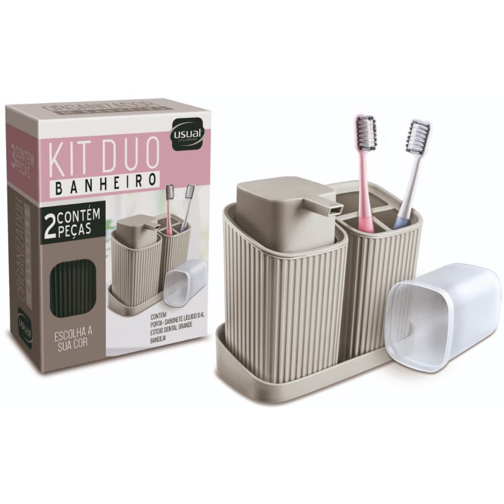 Kit 2 Acessórios Banheiro com Bandeja Dispenser Sabonete Líquido e Porta Escovas - Usual Utilidades