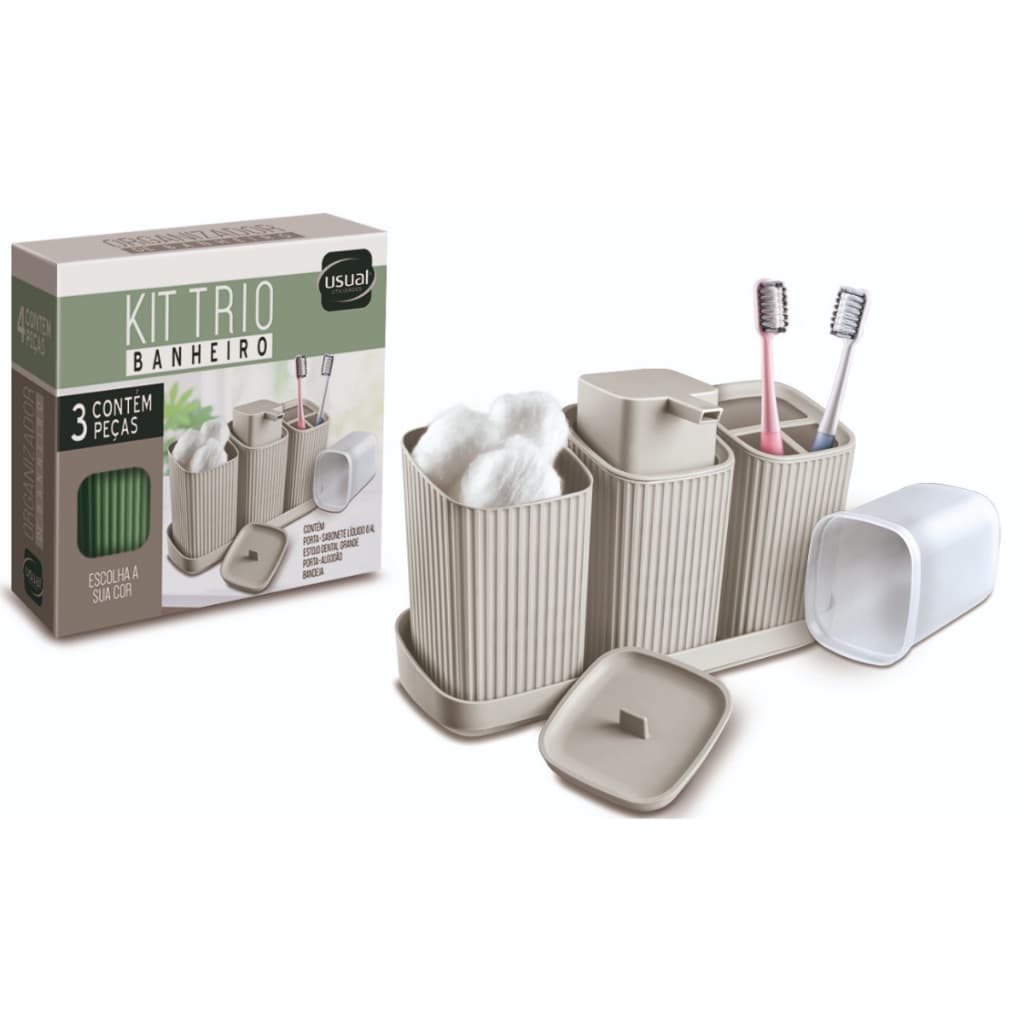 Kit 3 Acessórios Banheiro com Bandeja Dispenser Sabonete Líquido, Porta Algodão e Porta Escovas