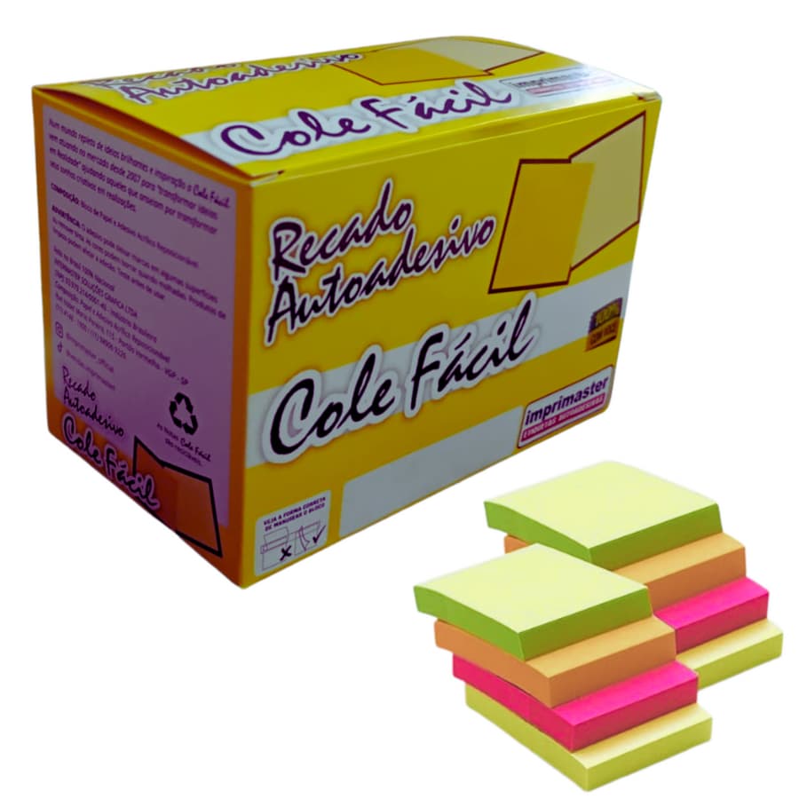 Kit 24 Blocos Adesivo Cole Fácil 2400 Folhas 4 Cores