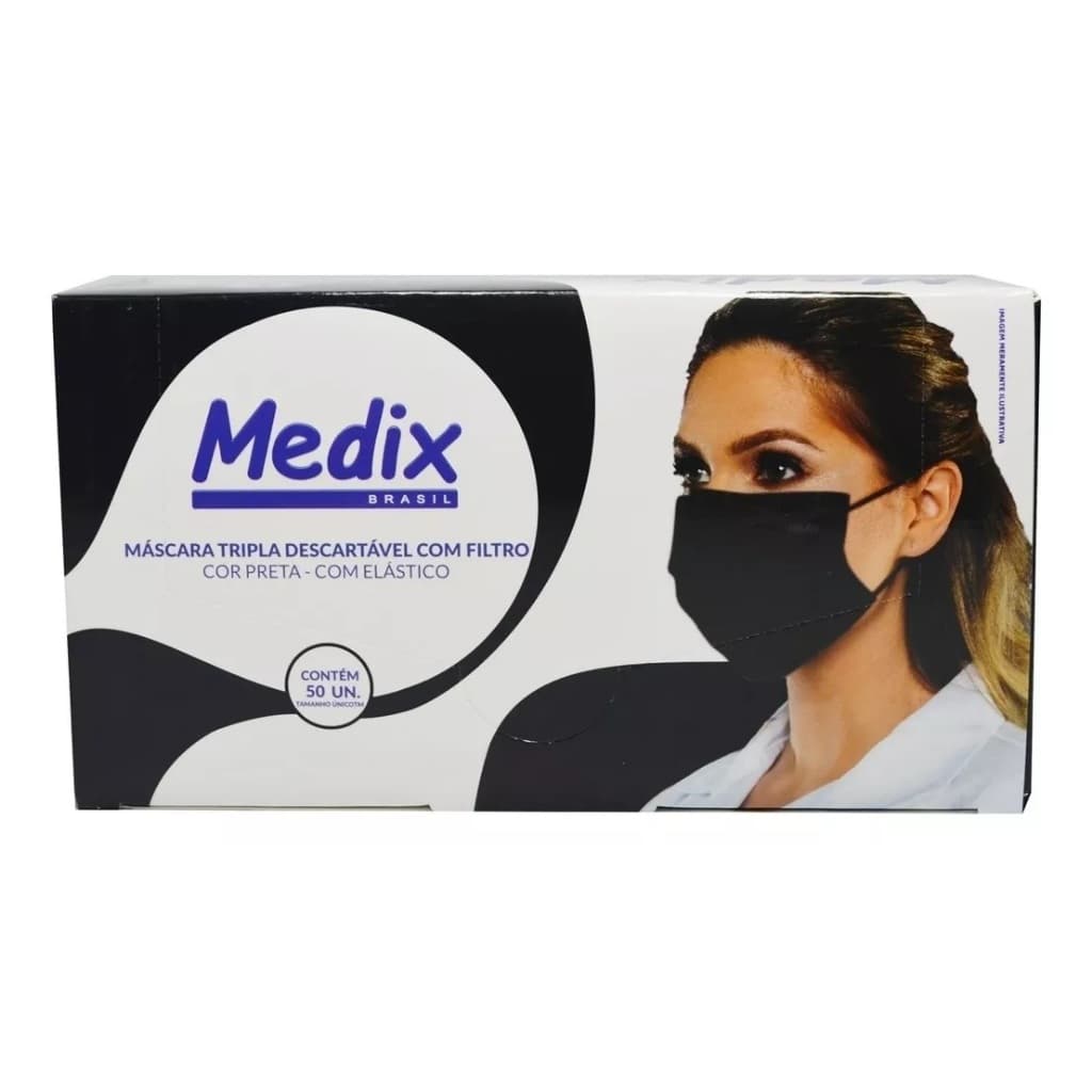 Mascara Descartavel Medix Tripla Preta Com 50 Hospitalar