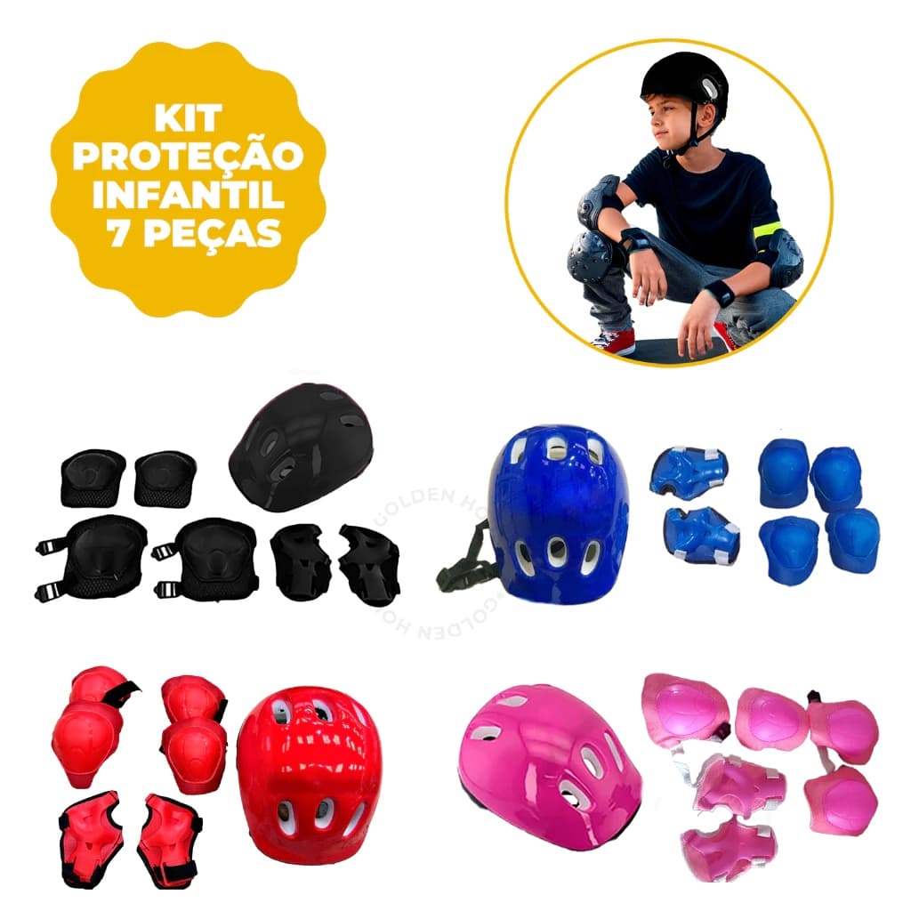 Kit Capacete Patins Proteção 7 Peças Criança Infantil Joelheira Cotoveleira Luvas Bicicleta Patinete Skate