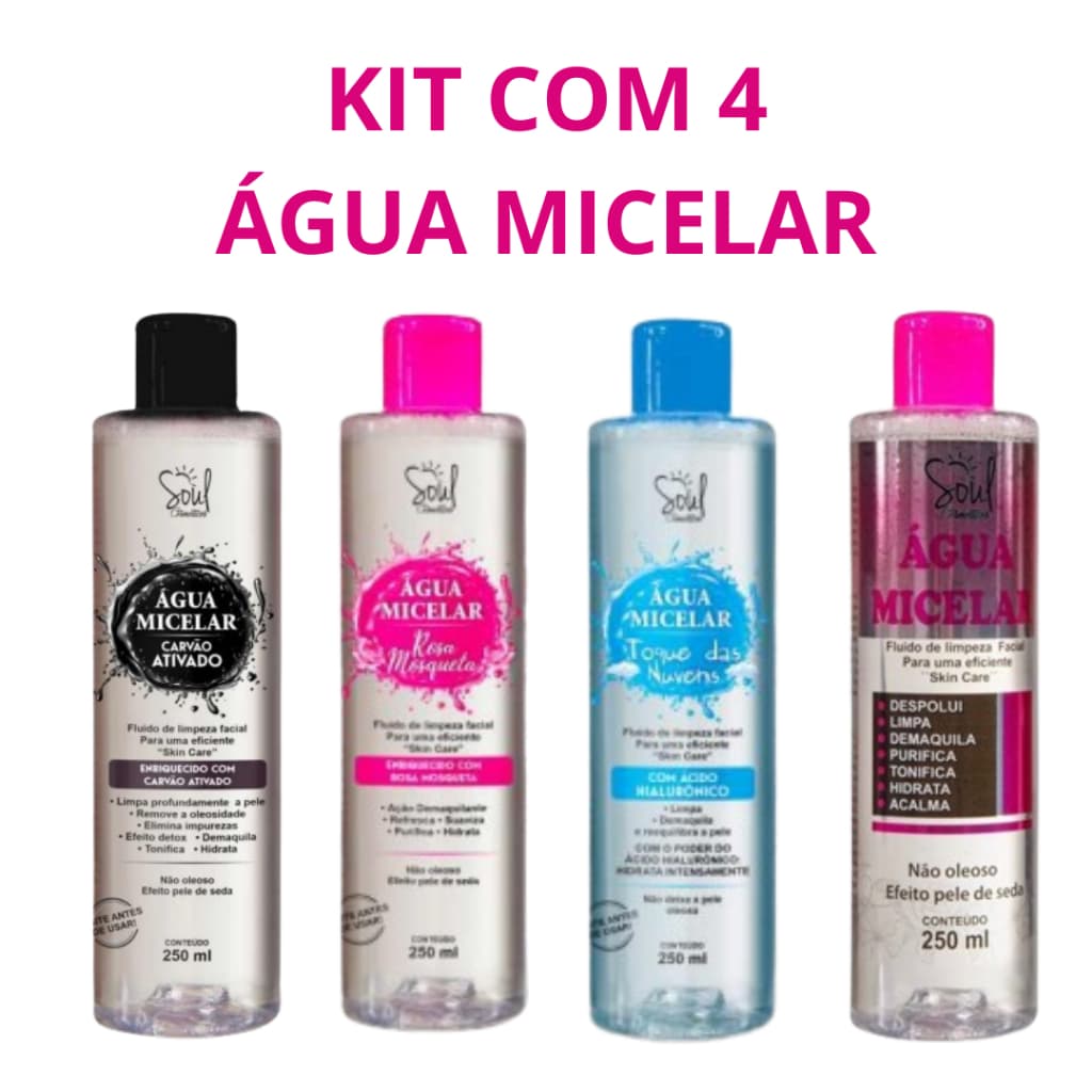 Kit 4 Águas Micelares Soul Cosméticos Limpeza Facial + Demaquilante