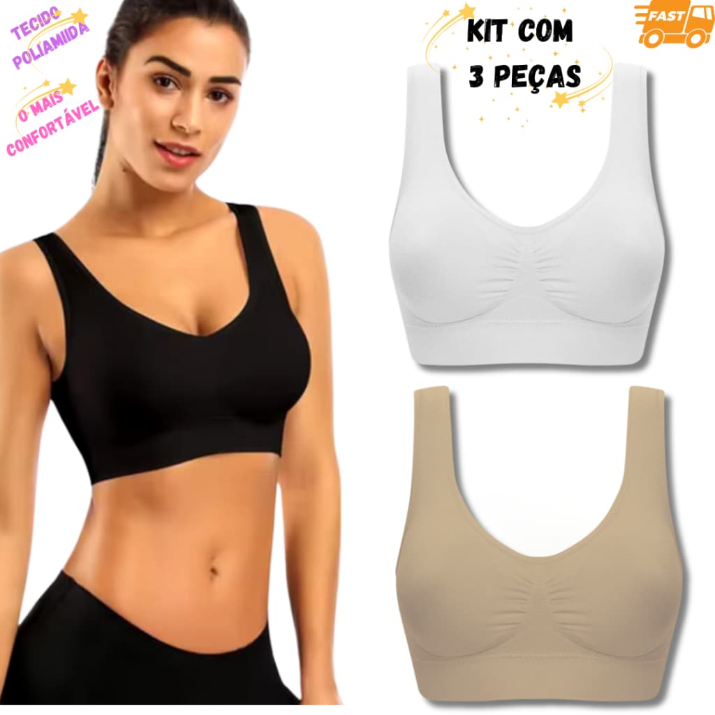 Kit 3 Tops SEM BOJO, SEM COSTURAS, Alça Larga, Tecido Poliamida Confort