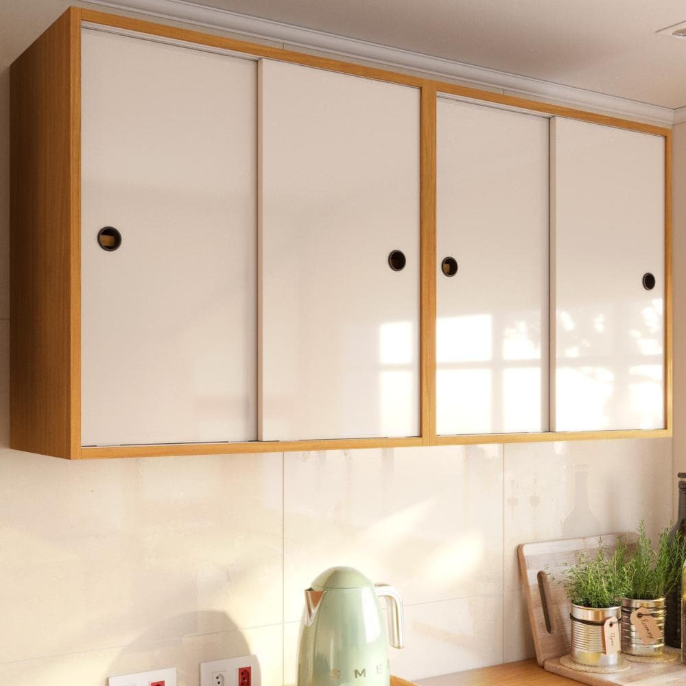 Armario Suspenso Cozinha e Lavanderia com Quatro Portas de Correr Armario Aéreo Multiuso Kit com Dois Armarios Aéreos