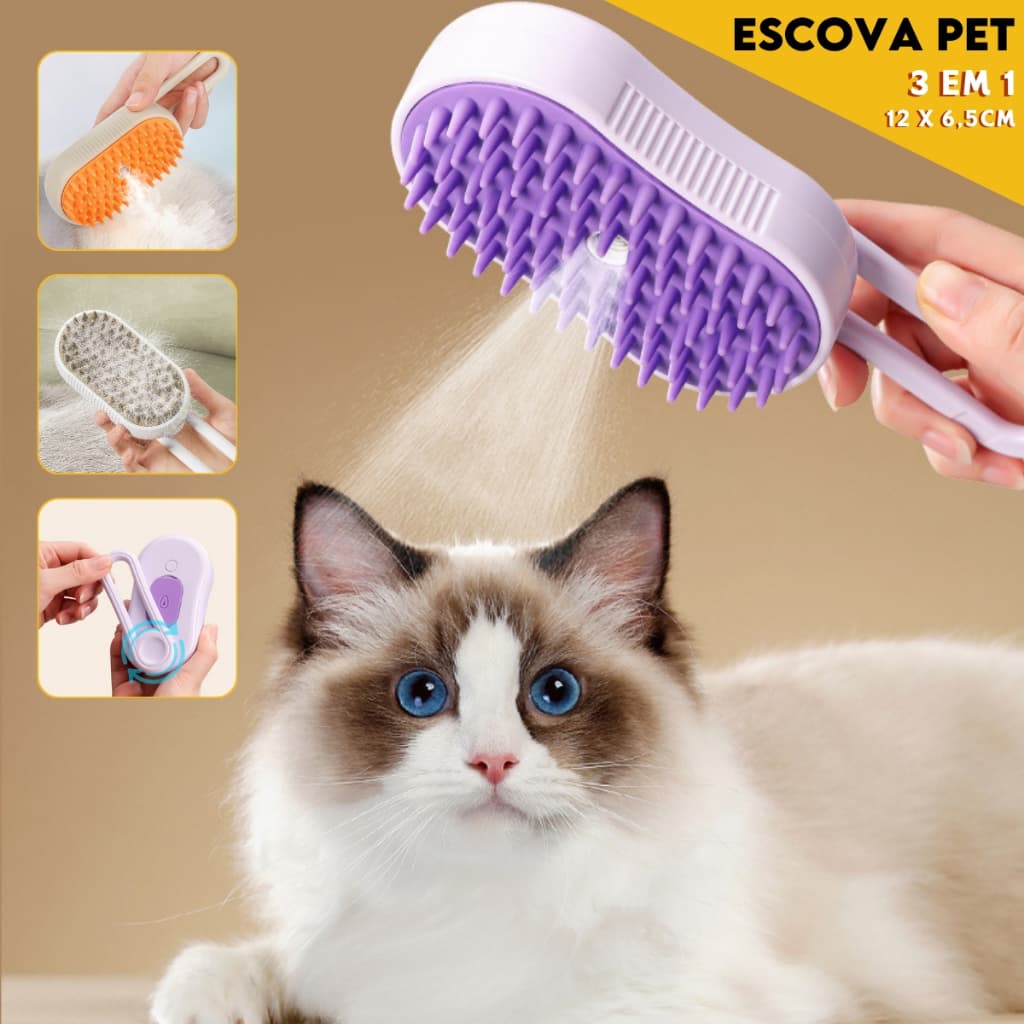 Escova A Vapor Para Pets Elétrica 3 em 1 Escova, Limpa e Acaricia - Nosso Lar