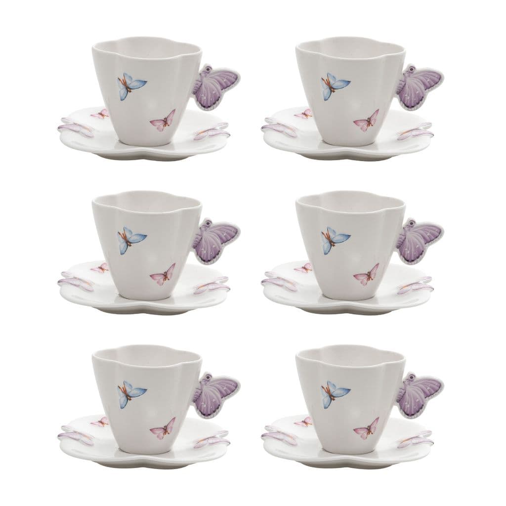 Linha Borboleta: Conjunto Xícaras Pires para Café 100ml, Chá 200m e Prato sobremesa Porcelana 6 peças Wolff