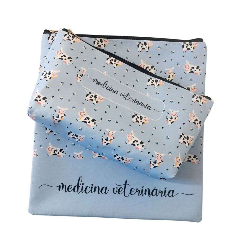 Kit Porta Jaleco e Necessaire Medicina Veterinária Estampa Vaquinha