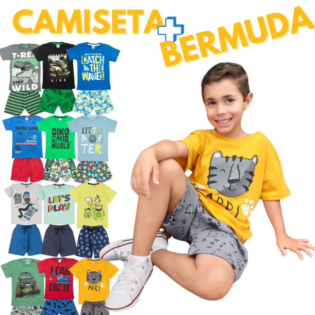 Conjunto 2 peças Infantil Verão Meninos 1 Ao 12 camiseta + bermuda short