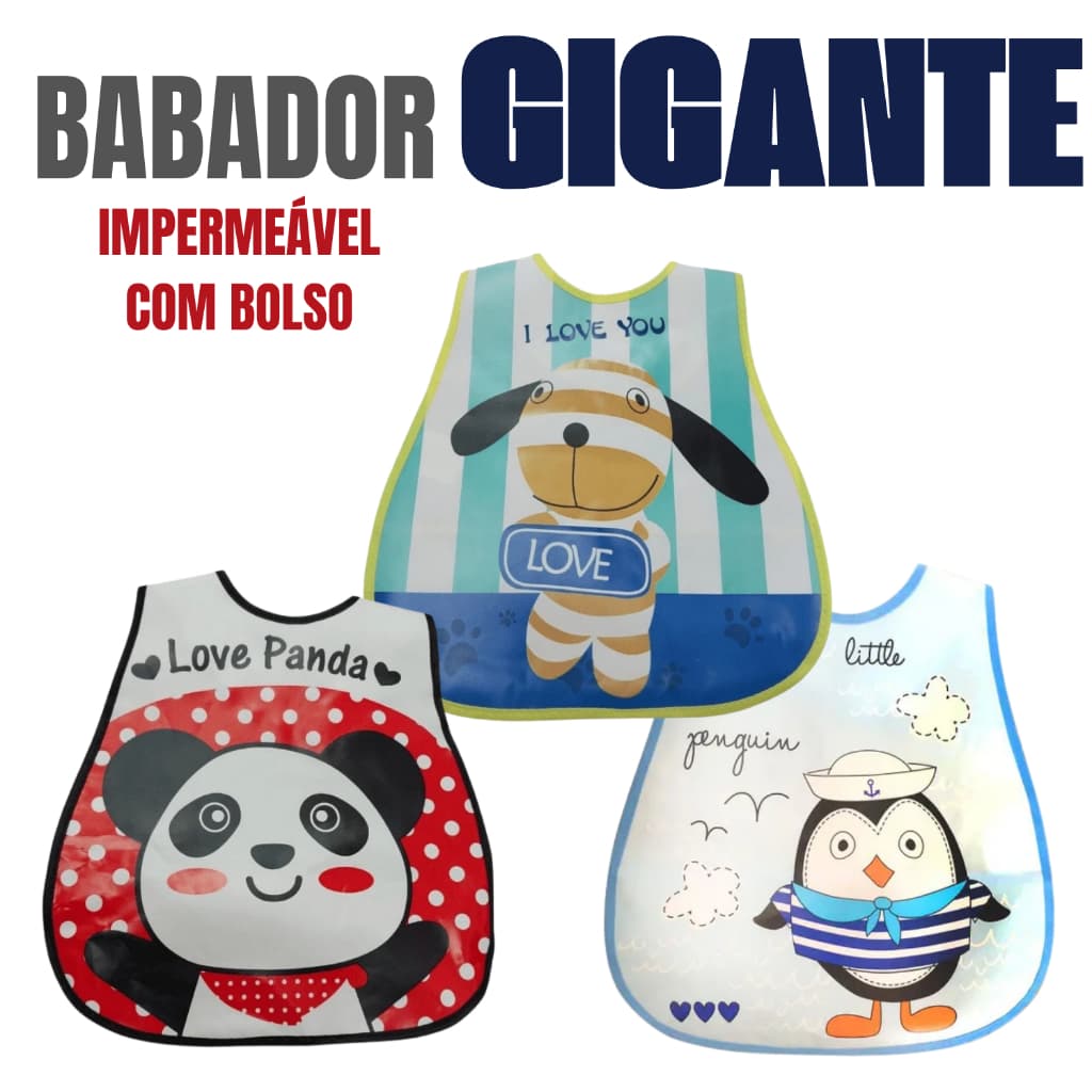 BABADOR INFANTIL IMPERMEÁVEL GRANDE COM BOLSO PEGA MIGALHAS