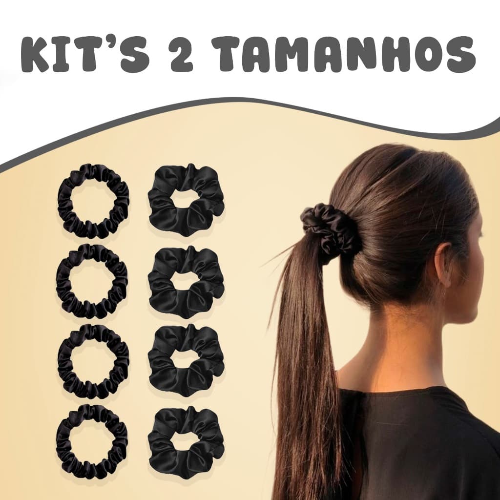 Kit Xuxinha de cabelo cetim, Scrunchie preta antifrizz fina e grossa