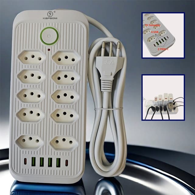 Extensão Elétrica Com Cabo 3 Metros 10 Tomadas Régua 4 USB 2 tipo-c