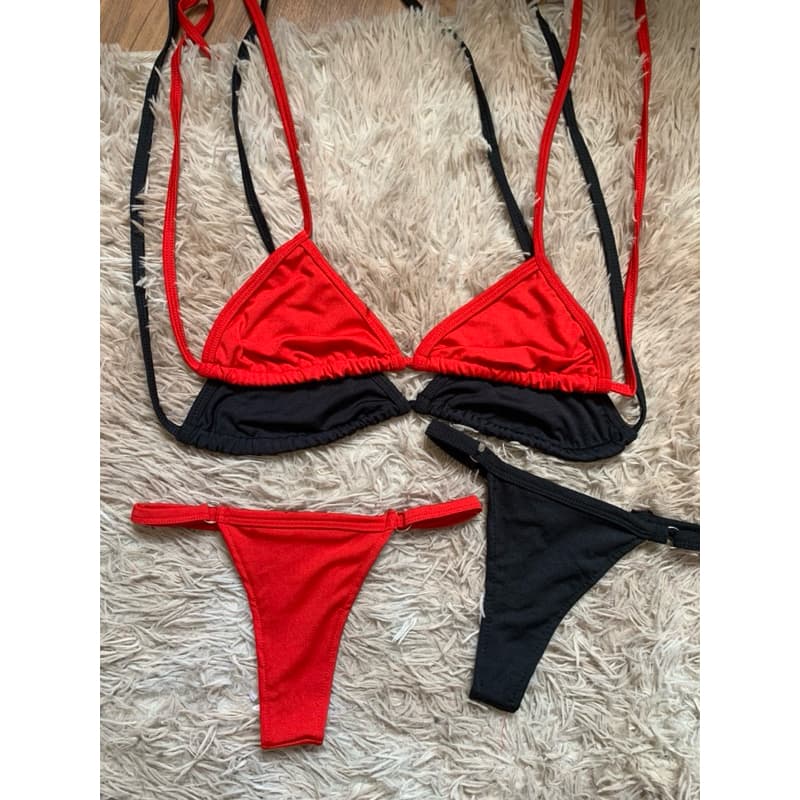 Kit Duas Peças Biquíni Marquinha de Fita Fio Dental Cortininha Verão