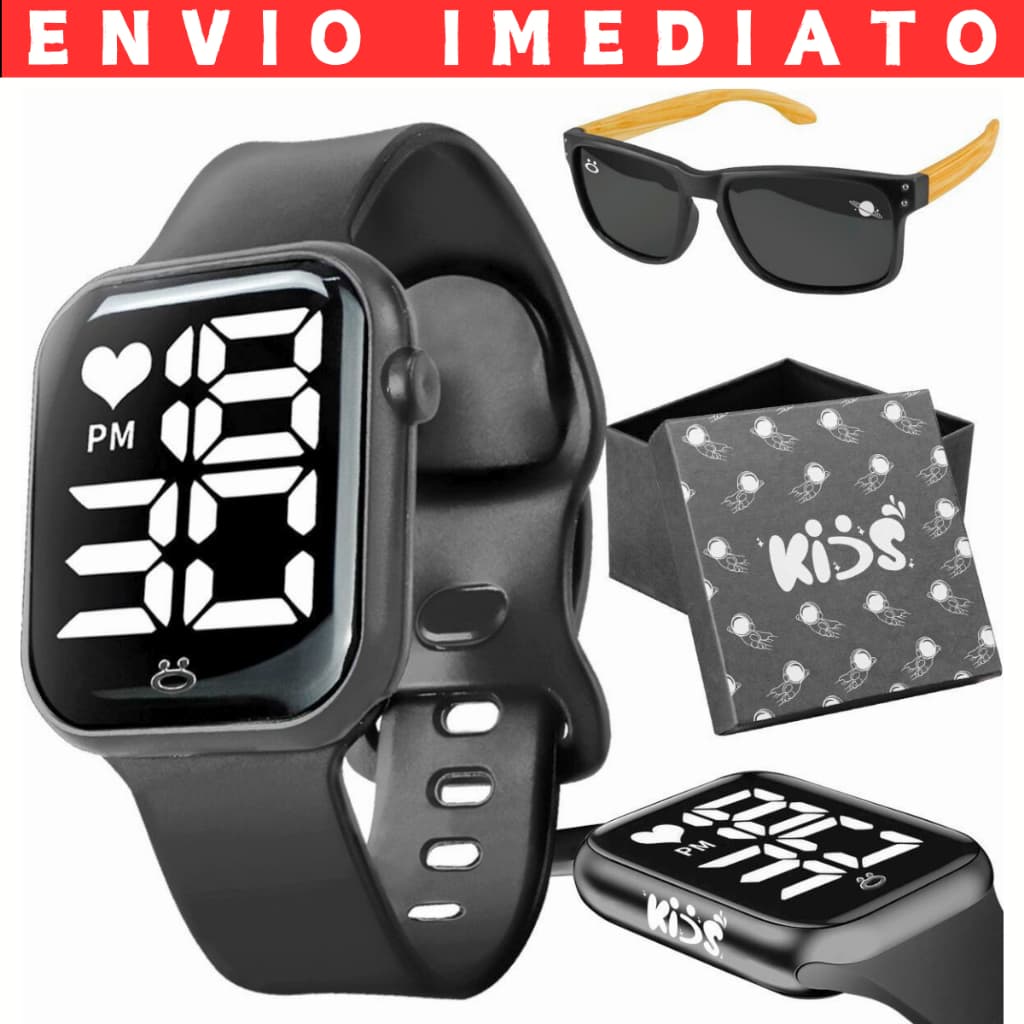 Kit Relógio Infantil Digital À Prova d água + Óculos Sol Proteção UV Preto Menino Criança