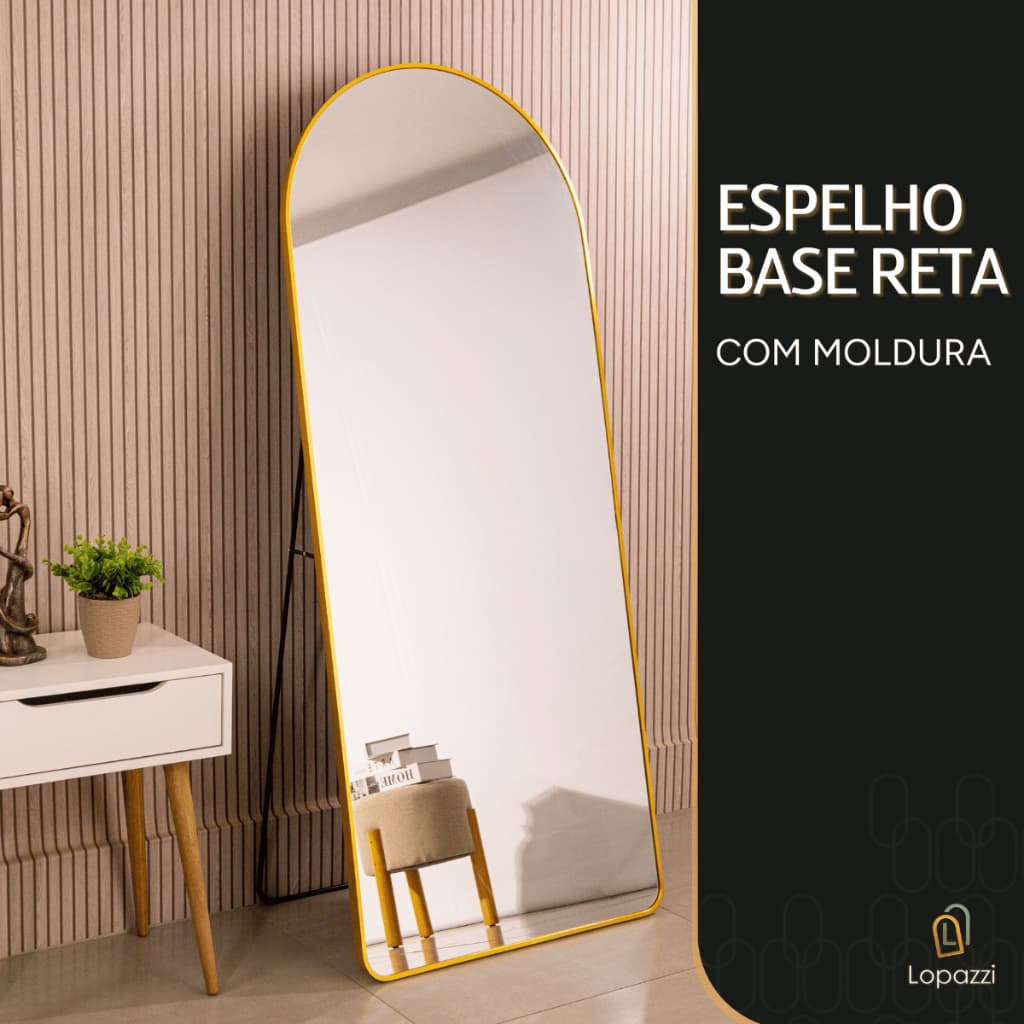 Espelho Lopazzi Base Reta Corpo Inteiro 170x70 Com Suporte de Chão Moldura Alumínio Quarto Sala Decorativo