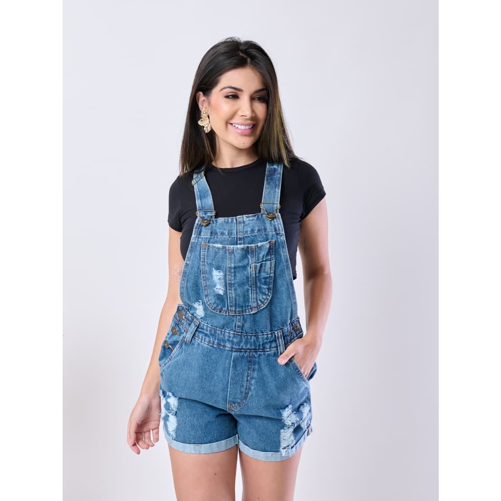 JARDINEIRA JEANS SHORT FEMININA  FRONTAIS RASGADINA MODA