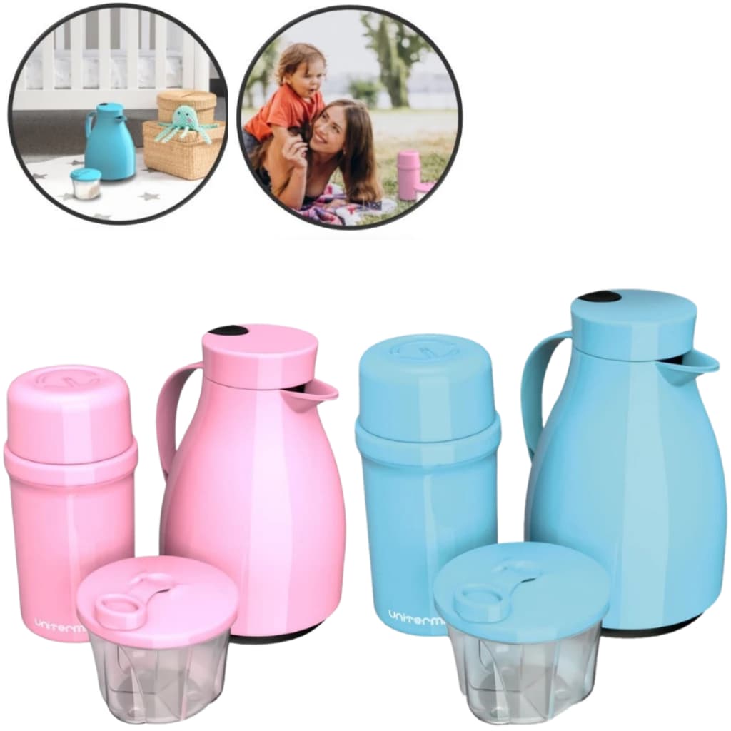 Kit Unibaby  2 Garrafas Térmicas E Um Porta Fórmula  Pote Dosador Leite Chá Passeio Infantil