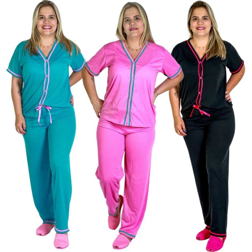 Pijama Americano Blusa com Botões e Manga Curta com Calça