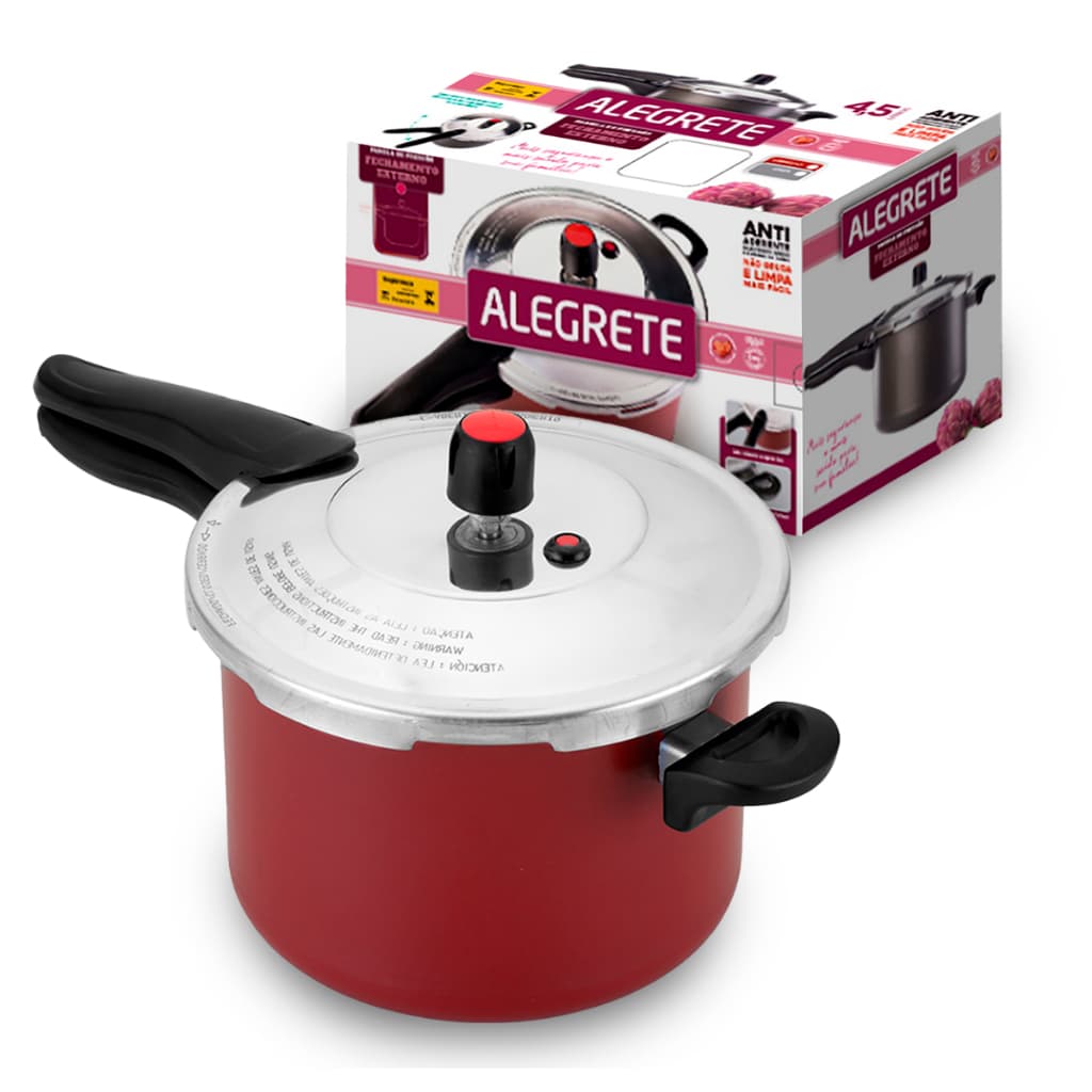 Panela de Pressão 4,5L Antiaderente Fechamento Externo Teflon Cinza Vermelha