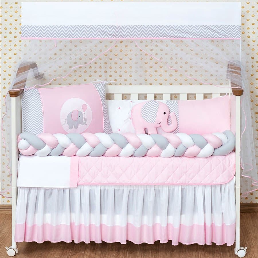 Kit Protetor Berço Trança Elefante Menina Menino 12 Peças
