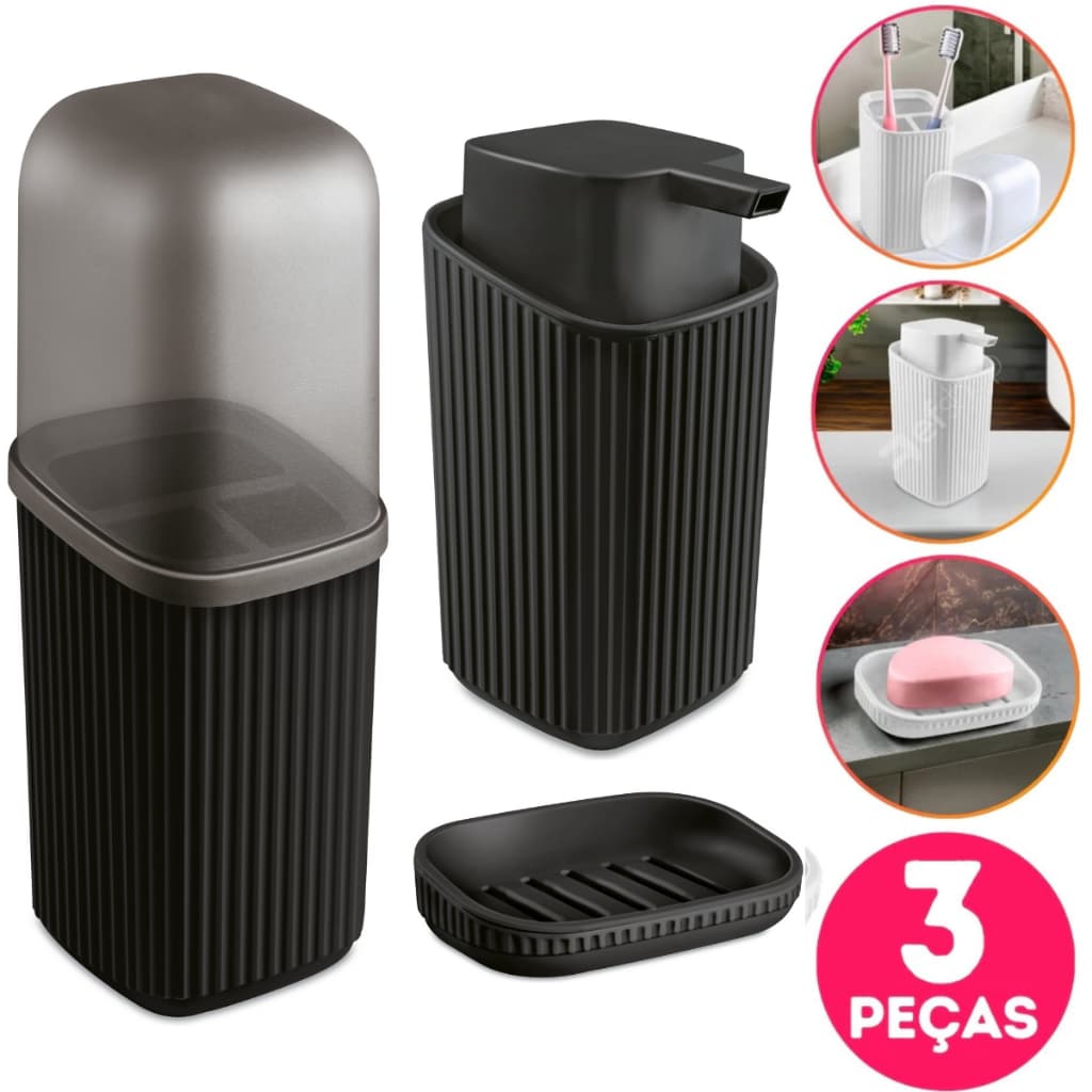 Kit 3 Acessórios Banheiro com Porta Sabonete Líquido, Porta Escovas e Saboneteira com Escorredor Av