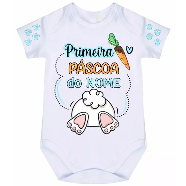 BODY BEBÊ PRIMEIRA PÁSCOA COM NOME DO BEBÊ COM DETALHE OU SEM NA MANGA 396A