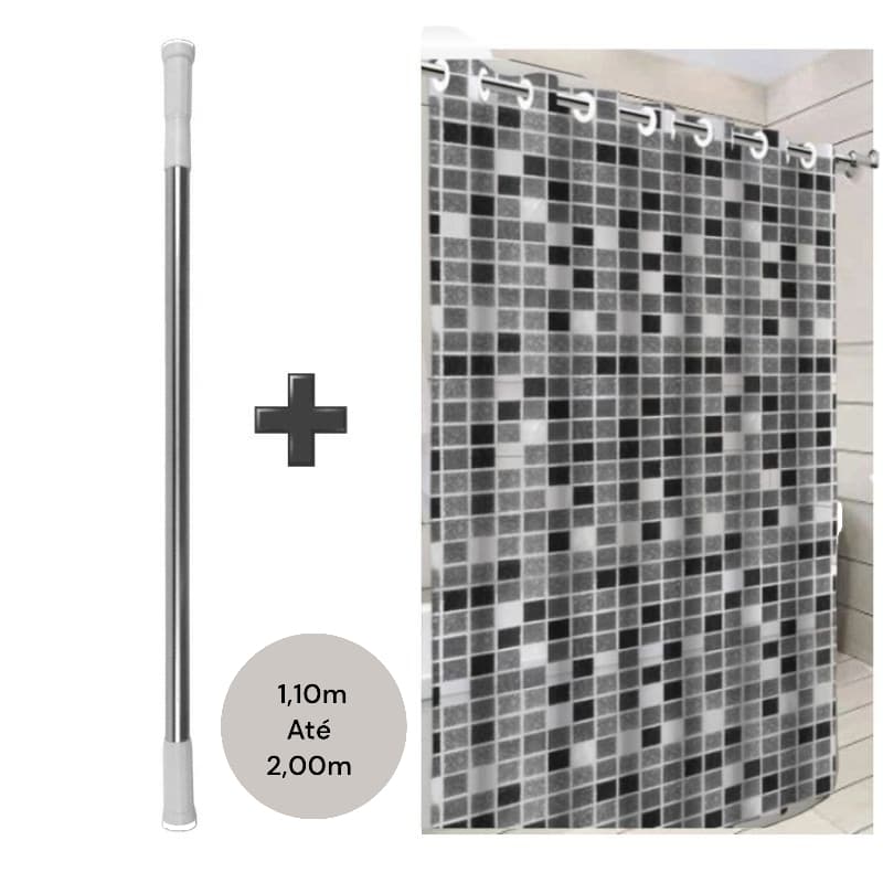 Kit Varão Extensível e Cortina de Banheiro Box Suporte Alumínio 1,10m Até 2m Bastão Tubo Barra
