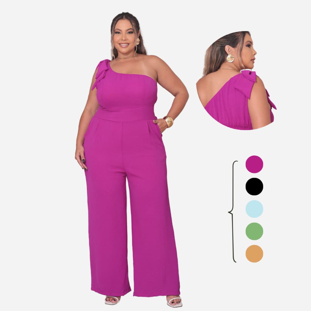 macacão feminino laço no ombro traspassado duna com lastex nas costas elegante