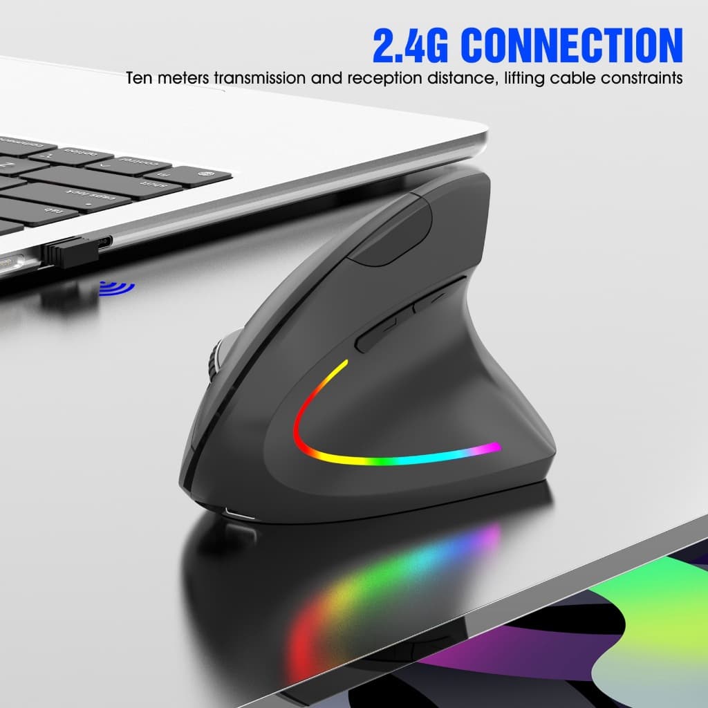 Mouse vertical sem fio 2.4G recarregável ergonômico vertical mouse 3 níveis de DPI ajustáveis ​​RGB Streamer KA-612