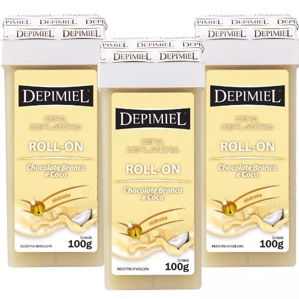 Kit com 3 Cera Depilatória Roll- On Chocolate Branco e Coco 100g - Depimiel