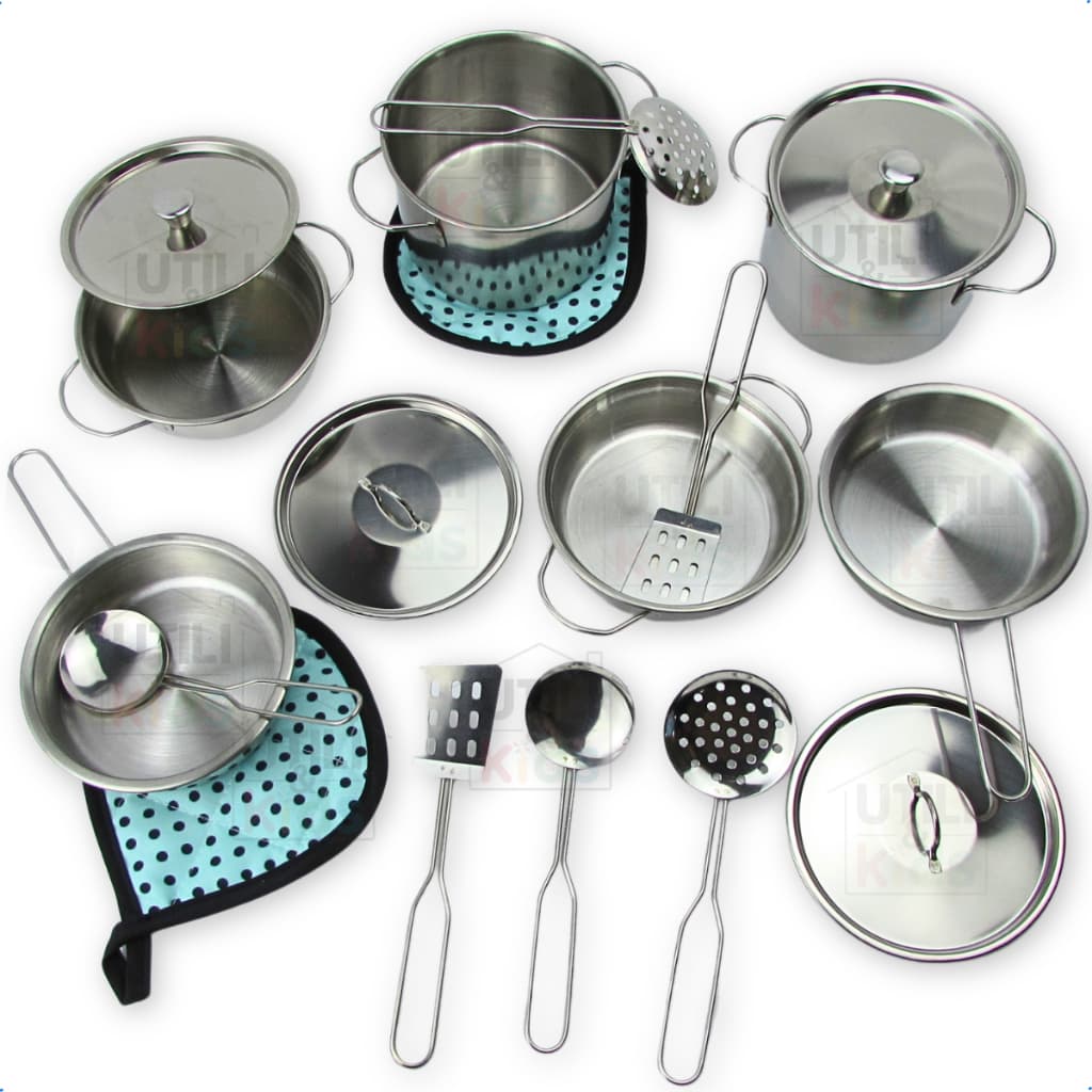 Jogo Panelinhas Infantil Metal Inox Cozinha Brinquedo 18 Peças Panela De Brinquedo