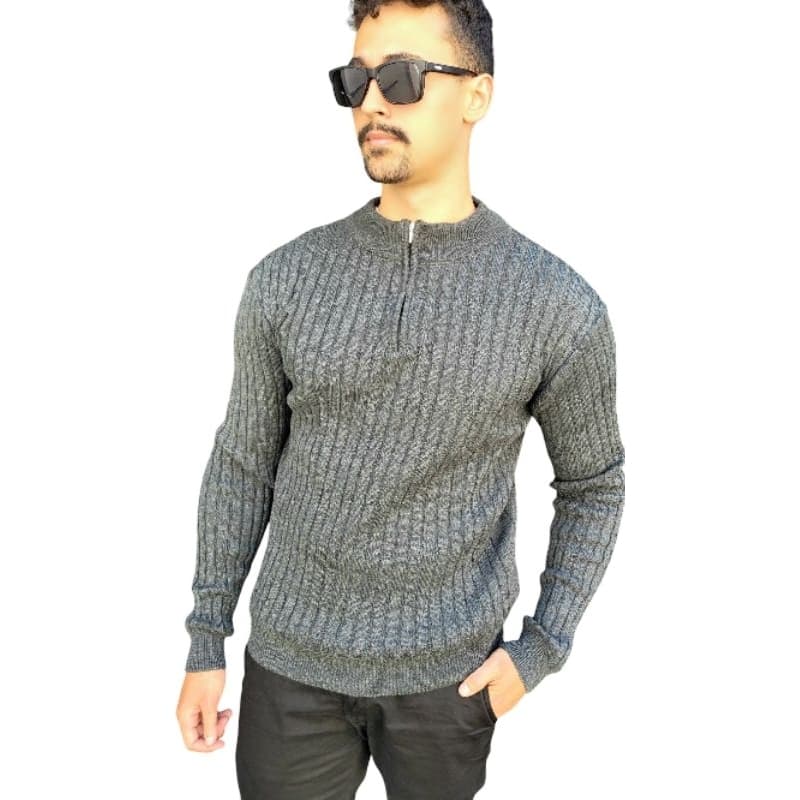 Blusa suéter gola alta com zíper blusão casual canelado malha em lã