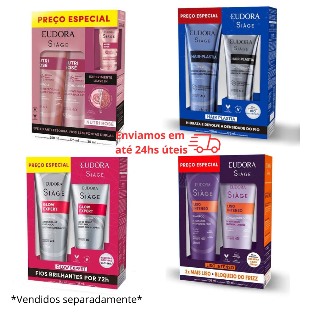 Kit Promocional Siage Shampoo + Condicionador Hair Plastia, Liso Intenso, Glow Expert, Nutri Rose