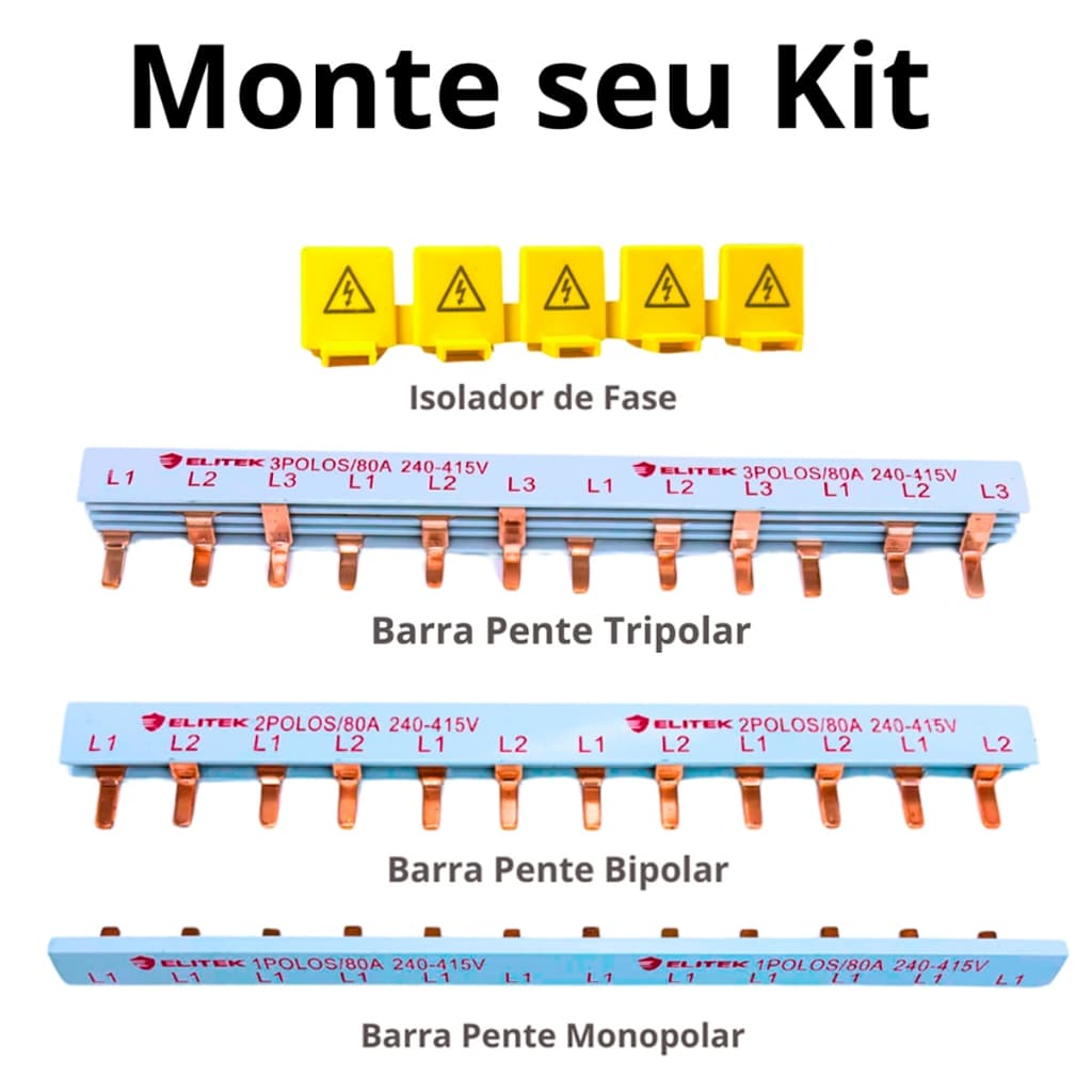 Barramento Pente Monopolar, Bipolar, Tripolar 80A 12P - Isolador de Fase