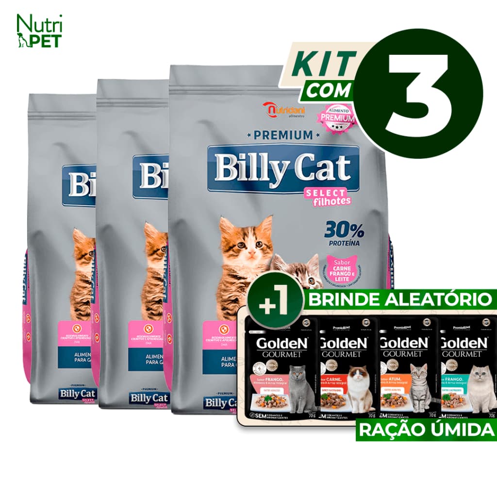 KIT 3 Ração Billy Cat Filhotes Carne Frango e Leite 1kg