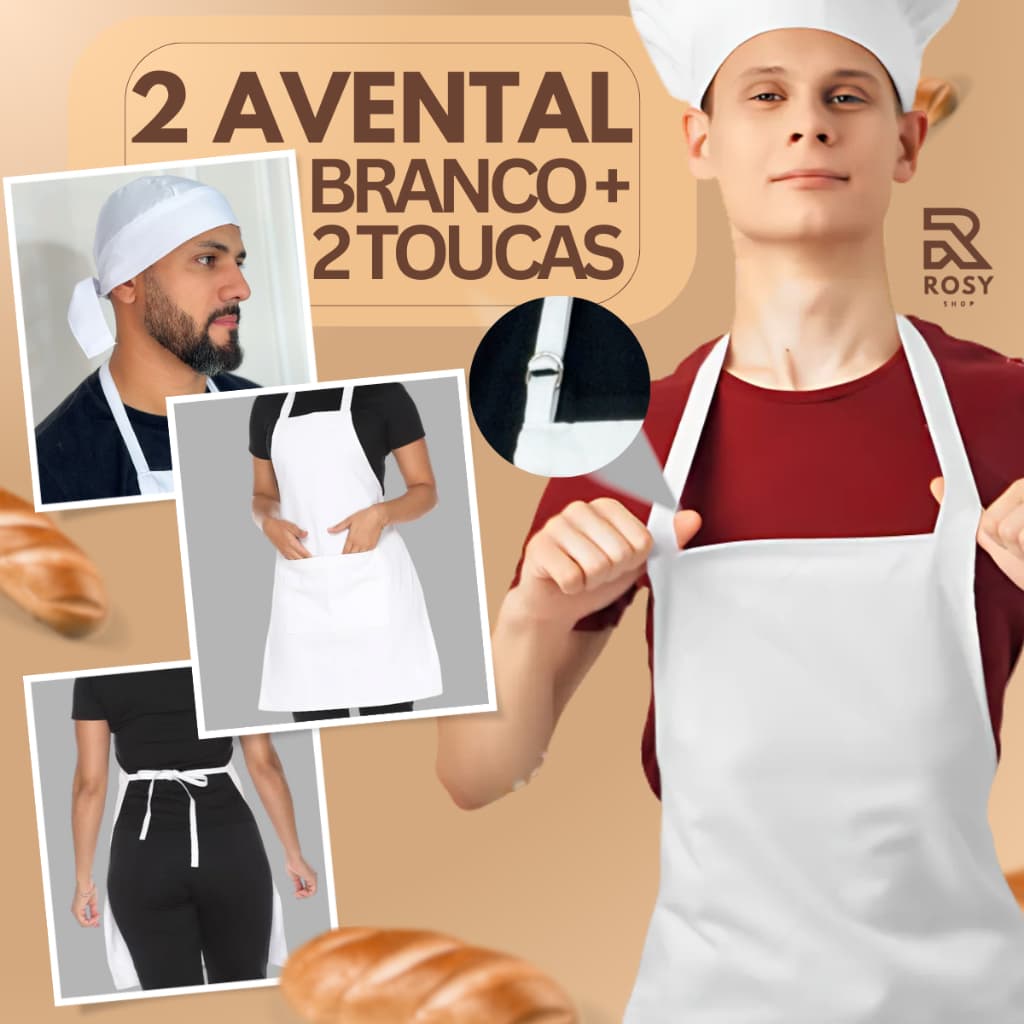 Kit 2 Avental Com Bolso Ajustável e 2 Touca Kit Corpo Inteiro Oxford Liso Padeiro Cozinha Padaria Garçom