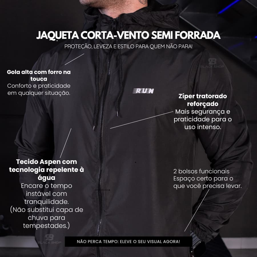 Jaqueta Corta Vento Impermeável P ao G4 Plus Size UV com Gola Alta e Forro Parcial