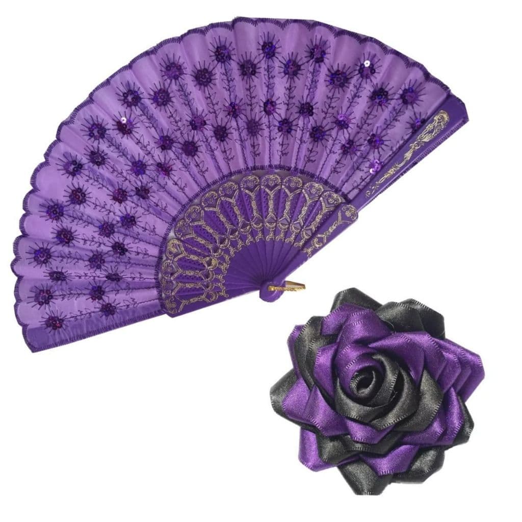 Kit Leque Luxo Paetê + Rosa de Cetim c/ Presilha Acessório Cigano (Escolha a cor)