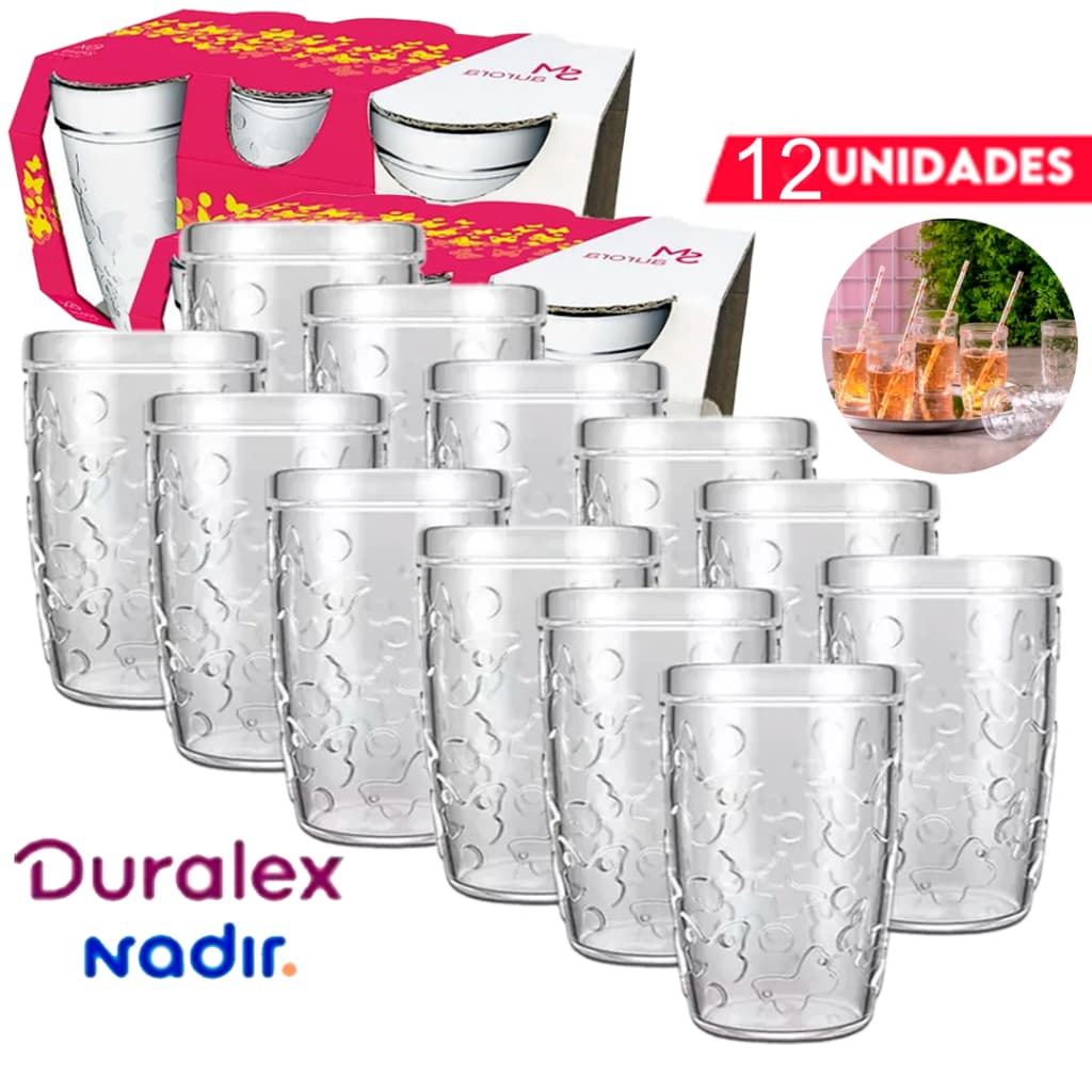 Kit Jogo 12 Copos Aurora SM Nadir 270ml Conjunto Refrigerantes Café Vidro Temperado Resistente Nadir