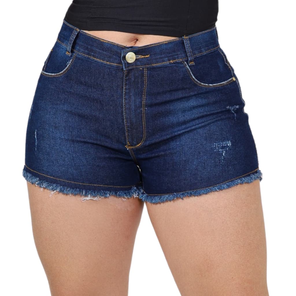 Shorts Feminino Jeans Com Lycra Elastano Cintura Alta Que Vai Até o Umbigo