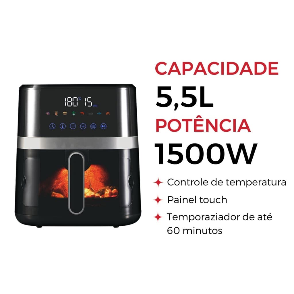 Fritadeira Air Fryer Gaabor Elétrica Digital Touch Jumbo 5,5L 1500W