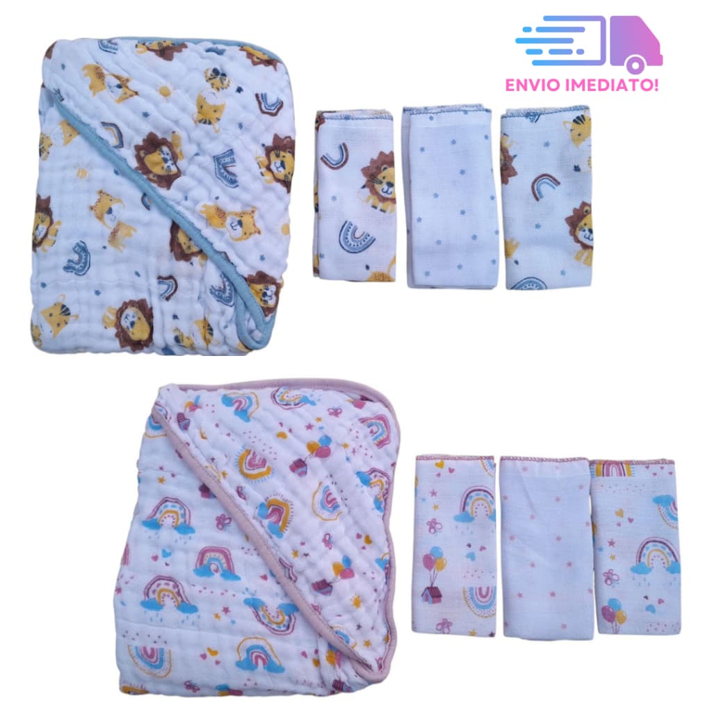 Toalha de banho fralda soft com capuz + 3 Panos de Boca Menino Menina  - MELHOR PREÇO!!
