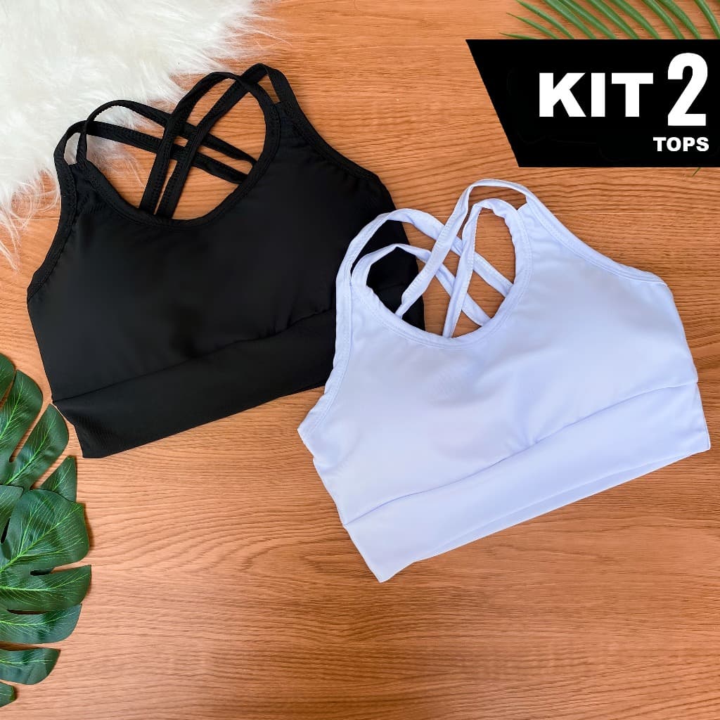 Kit 2 Top Academia Alcinha Dupla Fitness Cruzado nas Costas com Bojo Removível Suplex Feminino para Treino