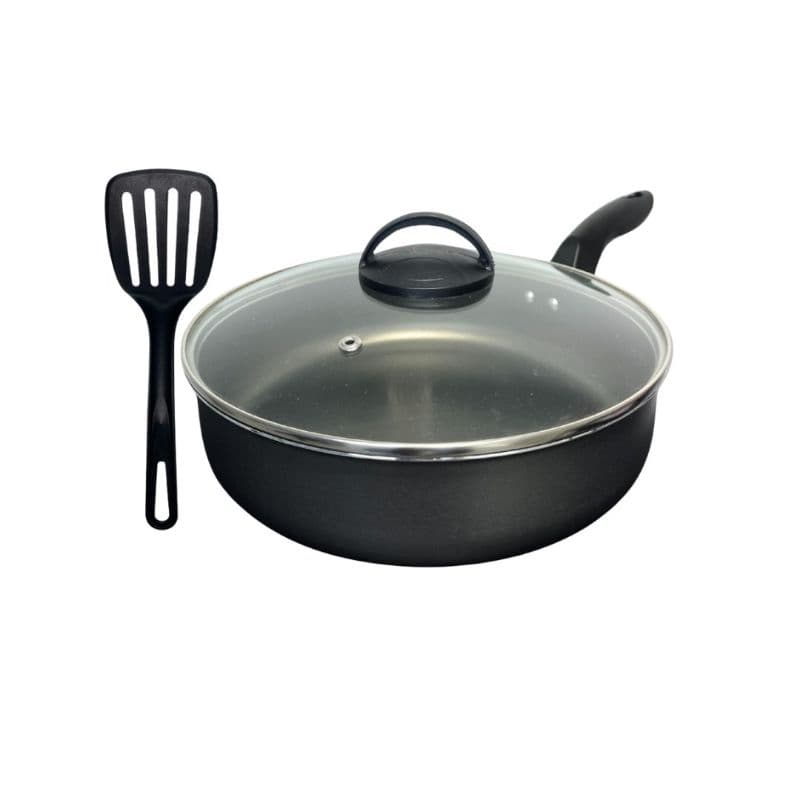 Frigideira  Alta Funda 18 Antiaderente Teflon Tampa de Vidro Espátula Borda Premium