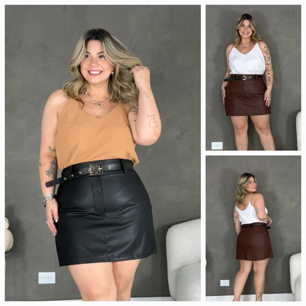 Shorts Saia Feminino de Couro Curto Plus Size Com Cinto e Elastico Nas Cintura