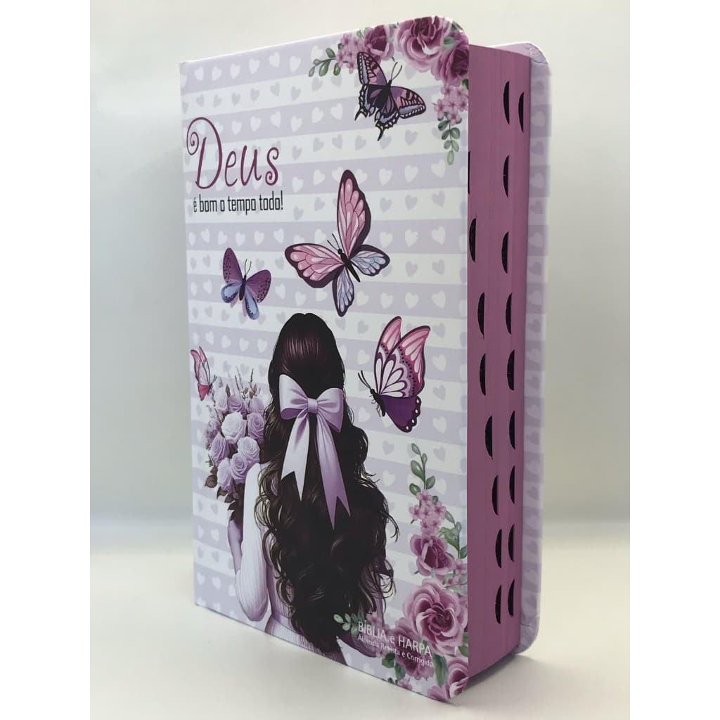 Bíblia Sagrada Tamanho Médio 12,5x19 cm Com Harpa palavras de Jesus em vermelho Rosas Lilás