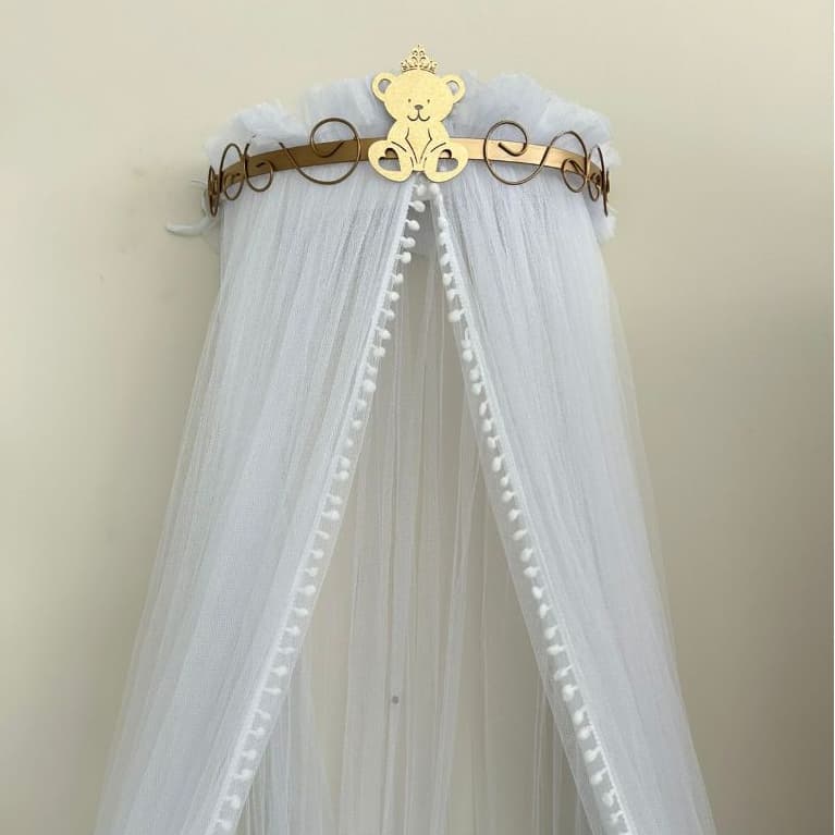 Dossel Ursinho Dourado Com Mosquiteiro Pompom